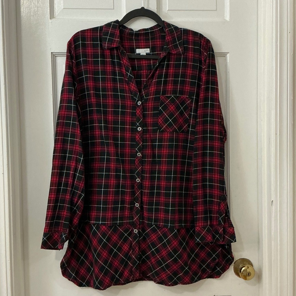 J. Jill  Red Tartan Plaid 100% Cotton Tunic L Cabincore Holiday Office Classic